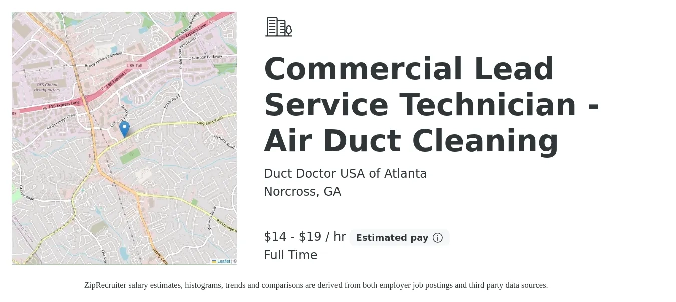 Duct Doctor USA of Atlanta job posting for a Commercial Lead Service Technician - Air Duct Cleaning in Norcross, GA with a salary of $15 to $20 Hourly with a map of Norcross location.