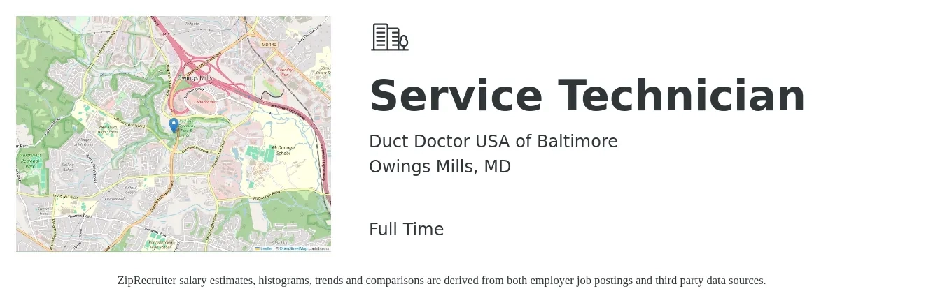 Duct Doctor USA of Baltimore job posting for a Service Technician in Owings Mills, MD with a salary of $19 to $26 Hourly with a map of Owings Mills location.