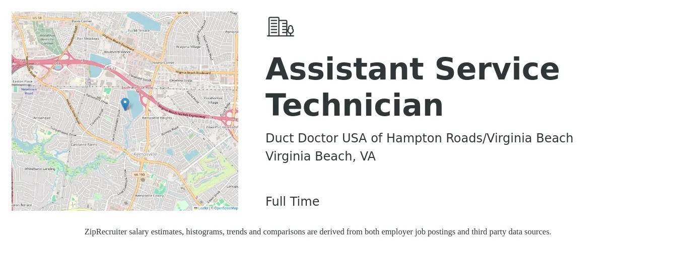 Duct Doctor USA of Hampton Roads/Virginia Beach job posting for a Assistant Service Technician in Virginia Beach, VA with a salary of $16 to $26 Hourly with a map of Virginia Beach location.