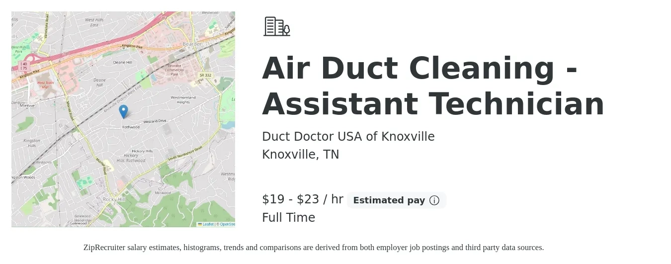 Duct Doctor USA of Knoxville job posting for a Air Duct Cleaning - Assistant Technician in Knoxville, TN with a salary of $19 to $20 Hourly with a map of Knoxville location.