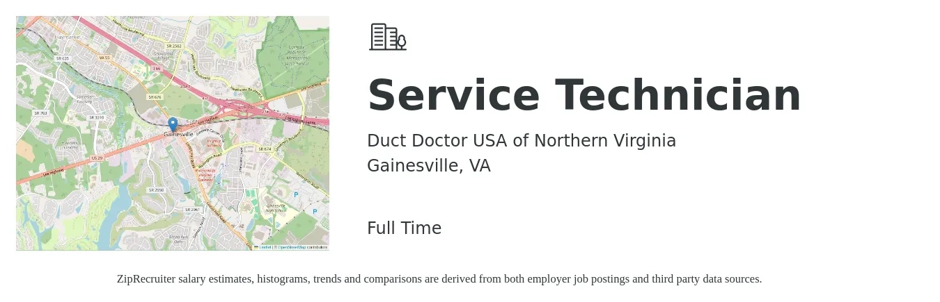 Duct Doctor USA of Northern Virginia job posting for a Service Technician in Gainesville, VA with a salary of $20 to $27 Hourly with a map of Gainesville location.