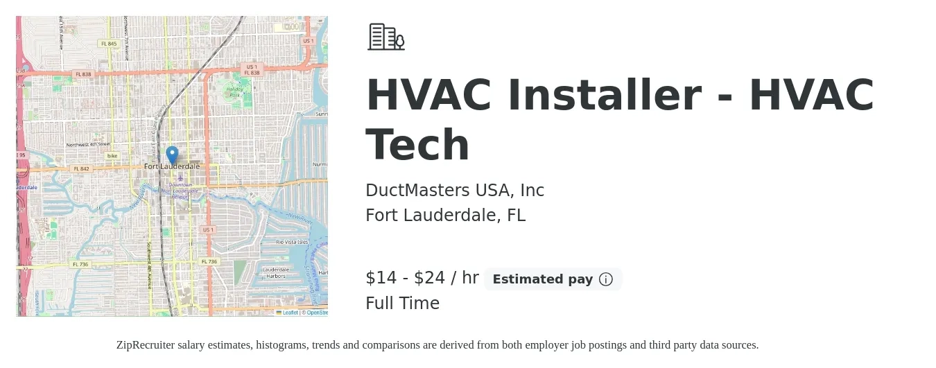 DuctMasters USA, Inc job posting for a HVAC Installer - HVAC Tech in Fort Lauderdale, FL with a salary of $15 to $25 Hourly with a map of Fort Lauderdale location.