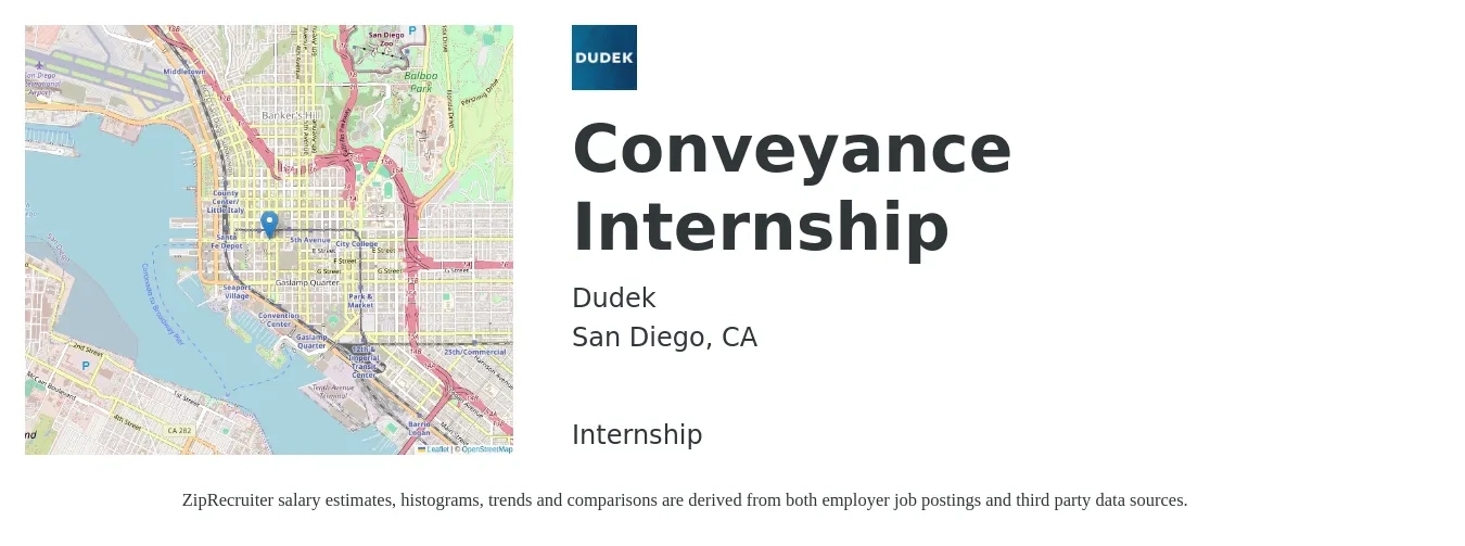 Dudek job posting for a Conveyance Internship in San Diego, CA with a salary of $18 to $23 Hourly with a map of San Diego location.