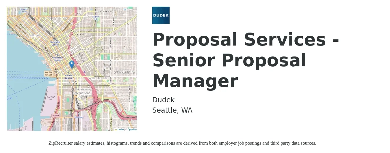Dudek job posting for a Proposal Services - Senior Proposal Manager in Seattle, WA with a salary of $91,700 to $134,400 Yearly with a map of Seattle location.