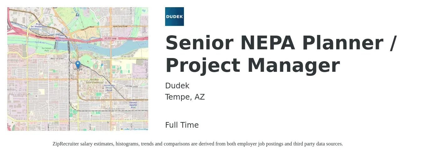 Dudek job posting for a Senior NEPA Planner / Project Manager in Tempe, AZ with a salary of $66,500 to $99,300 Yearly with a map of Tempe location.