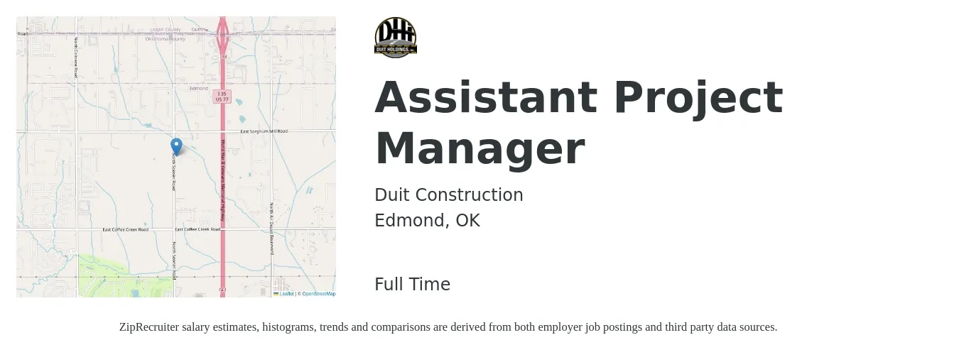 Duit Construction job posting for a Assistant Project Manager in Edmond, OK with a salary of $40,200 to $66,200 Yearly with a map of Edmond location.