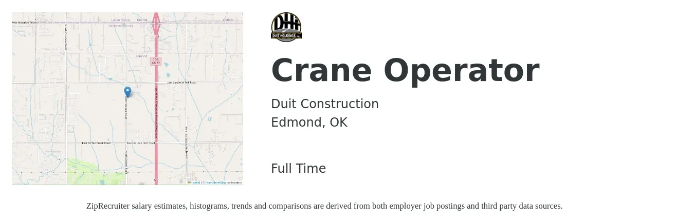 Duit Construction job posting for a Crane Operator in Edmond, OK with a salary of $17 to $26 Hourly with a map of Edmond location.