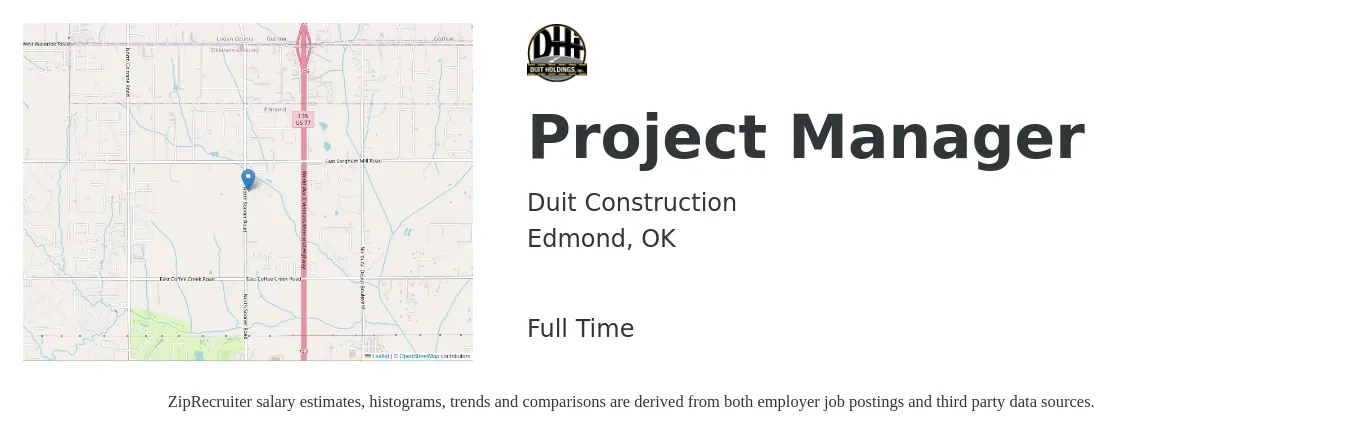Duit Construction job posting for a Project Manager in Edmond, OK with a salary of $59,100 to $92,500 Yearly with a map of Edmond location.