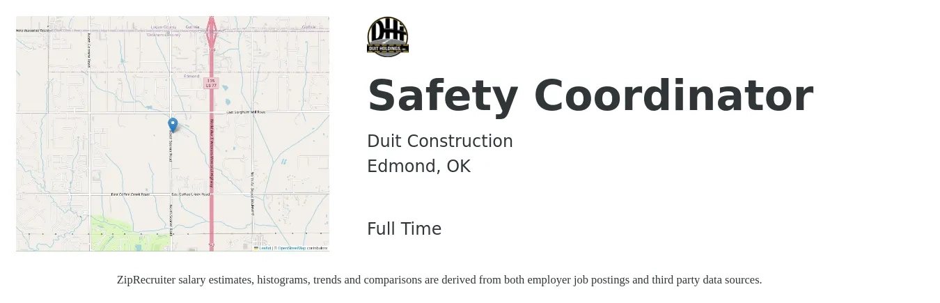 Duit Construction job posting for a Safety Coordinator in Edmond, OK with a salary of $18 to $28 Hourly with a map of Edmond location.