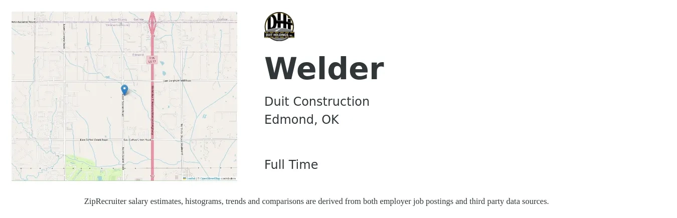 Duit Construction job posting for a Welder in Edmond, OK with a salary of $15 to $19 Hourly with a map of Edmond location.