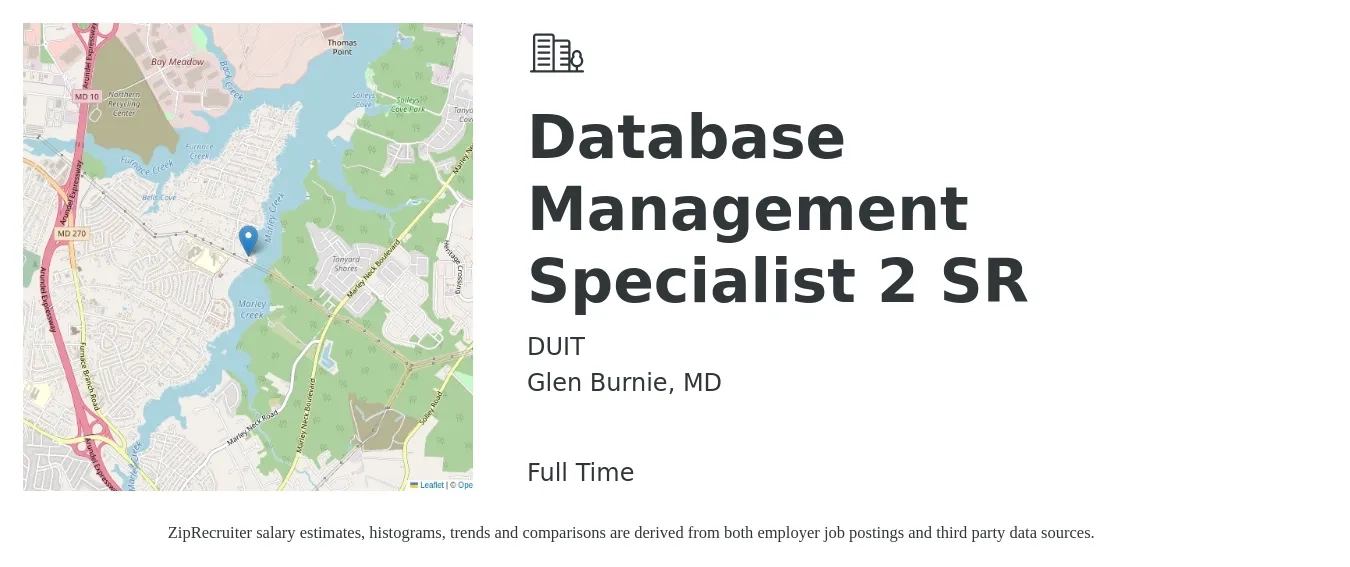 DUIT job posting for a Database Management Specialist 2 SR in Glen Burnie, MD with a salary of $43,000 to $47,400 Yearly with a map of Glen Burnie location.