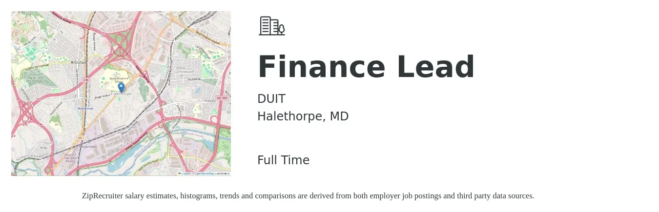DUIT job posting for a Finance Lead in Halethorpe, MD with a salary of $55,200 to $76,200 Yearly with a map of Halethorpe location.