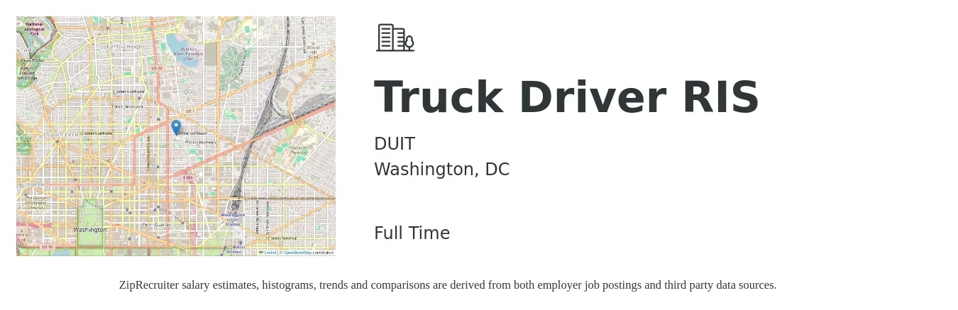 DUIT job posting for a Truck Driver RIS in Washington, DC with a salary of $1,390 to $2,040 Weekly with a map of Washington location.