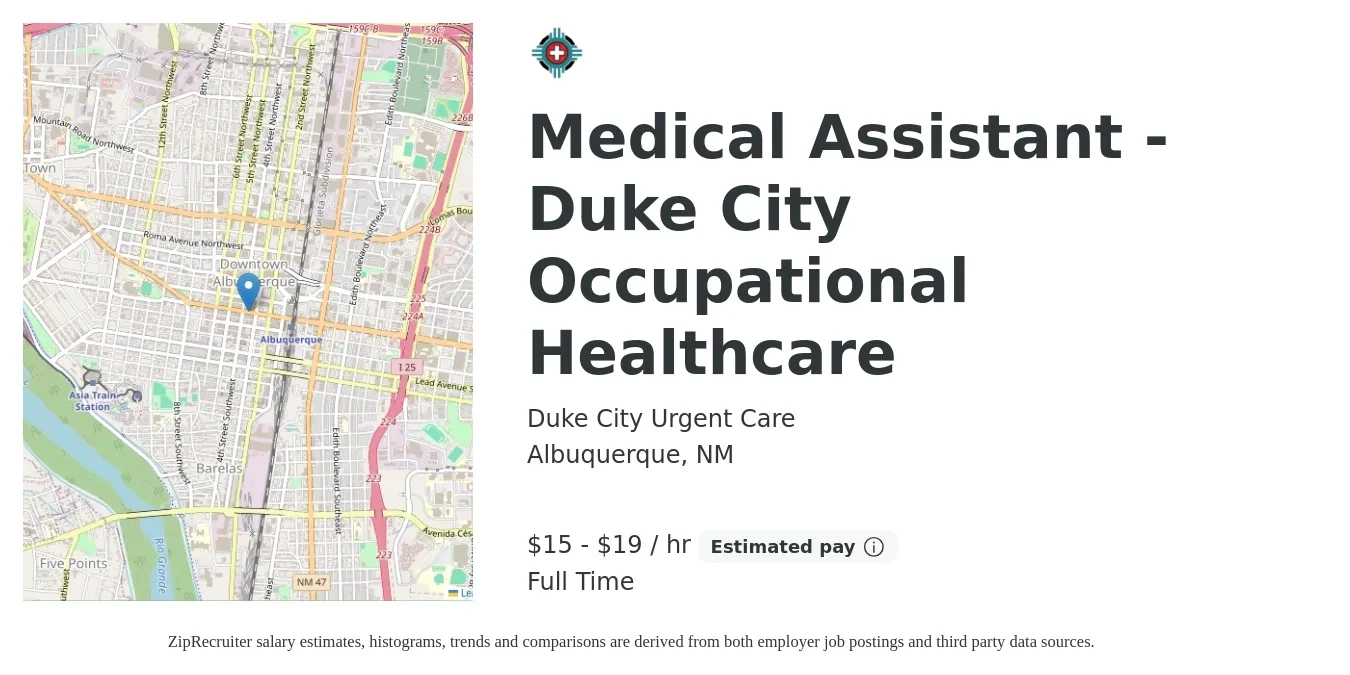 Duke City Urgent Care job posting for a Medical Assistant - Duke City Occupational Healthcare in Albuquerque, NM with a salary of $16 to $20 Hourly with a map of Albuquerque location.