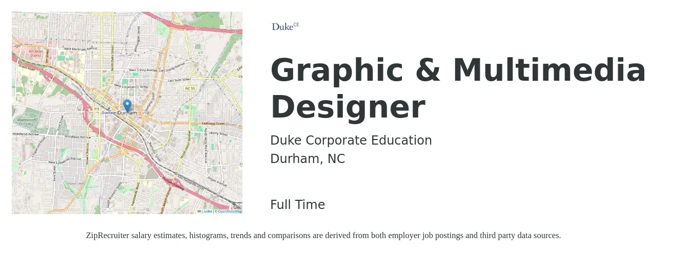 Duke Corporate Education job posting for a Graphic & Multimedia Designer in Durham, NC with a salary of $20 to $32 Hourly with a map of Durham location.