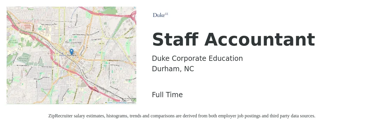 Duke Corporate Education job posting for a Staff Accountant in Durham, NC with a salary of $53,100 to $70,100 Yearly with a map of Durham location.