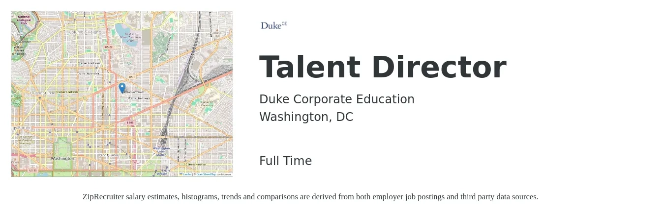 Duke Corporate Education job posting for a Talent Director in Washington, DC with a salary of $55,500 to $128,000 Yearly with a map of Washington location.