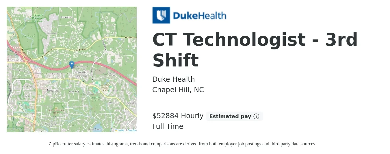 Duke Health job posting for a CT Technologist - 3rd Shift in Chapel Hill, NC with a salary of $55,000 Hourly with a map of Chapel Hill location.