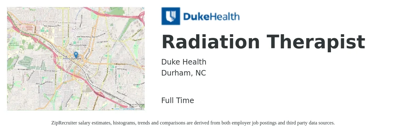 Duke Health job posting for a Radiation Therapist in Durham, NC with a salary of $70,000 Yearly with a map of Durham location.