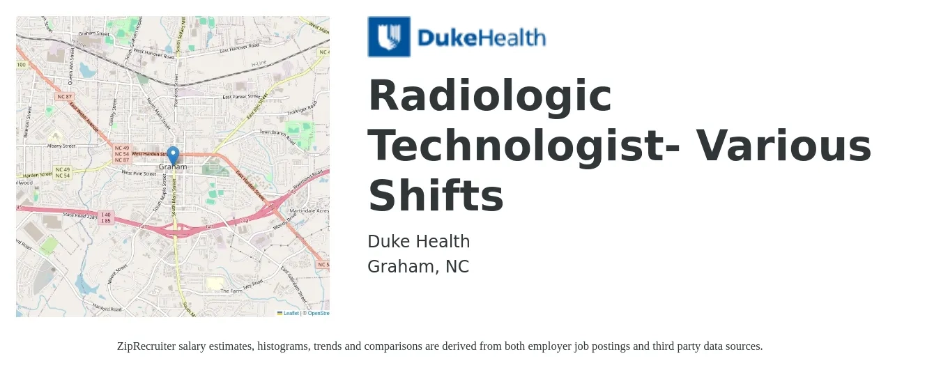 Dukehealth.org job posting for a Radiologic Technologist- Various Shifts in Graham, NC with a salary of $960 to $2,000 Weekly with a map of Graham location.