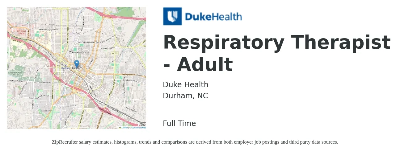 Duke Health job posting for a Respiratory Therapist - Adult in Durham, NC with a salary of $33 to $48 Hourly with a map of Durham location.