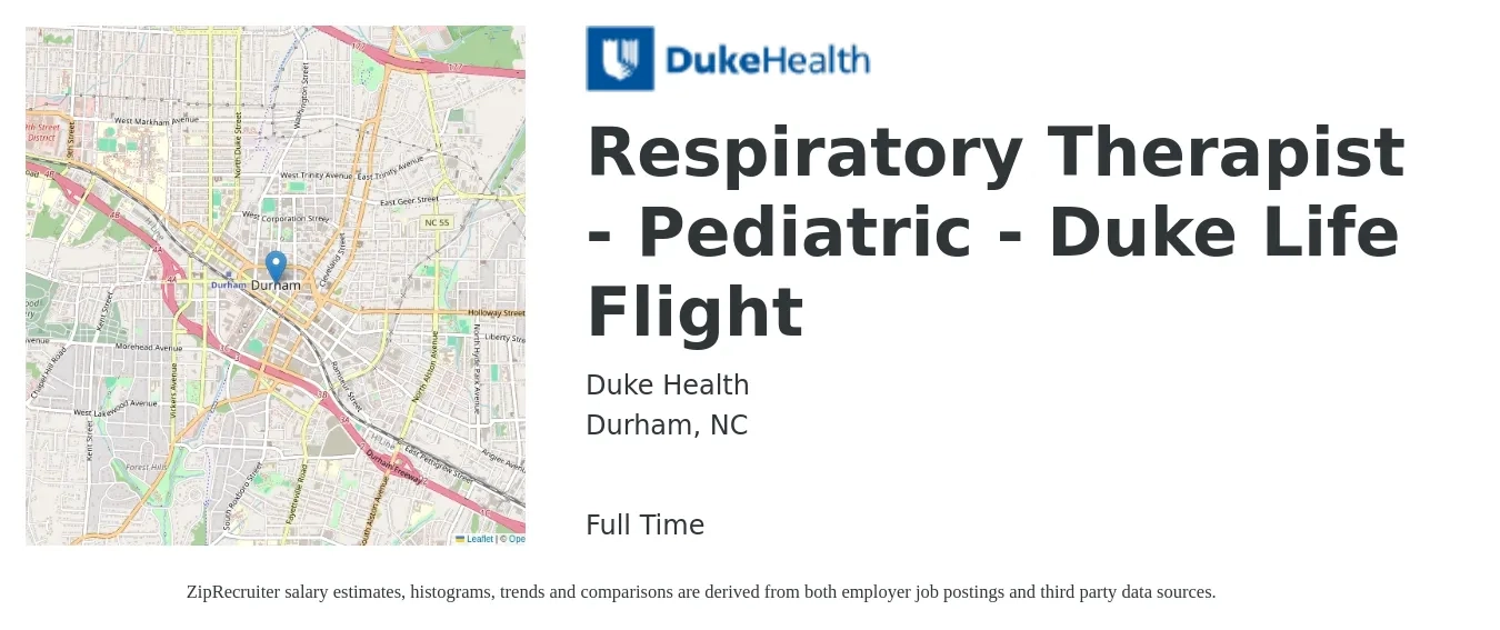 Duke Health job posting for a Respiratory Therapist - Pediatric - Duke Life Flight in Durham, NC with a salary of $32 to $50 Hourly with a map of Durham location.