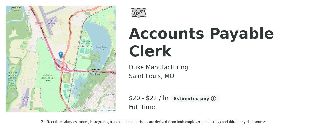 Duke Manufacturing job posting for a Accounts Payable Clerk in Saint Louis, MO with a salary of $21 to $23 Hourly with a map of Saint Louis location.