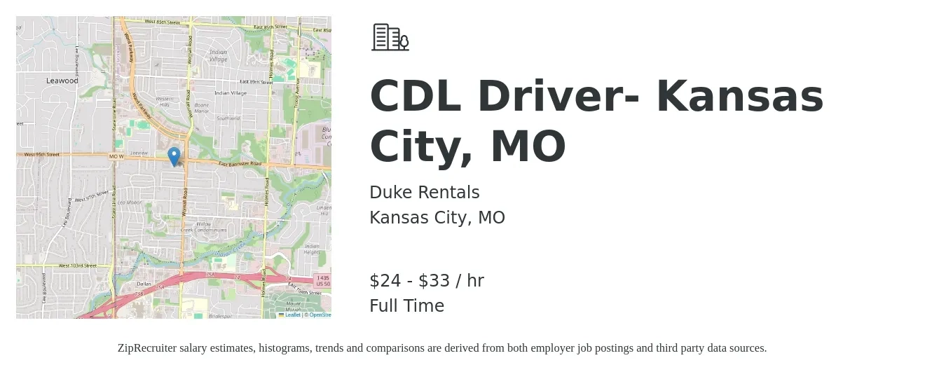 Duke Rentals job posting for a CDL Driver- Kansas City, MO in Kansas City, MO with a salary of $25 to $35 Hourly with a map of Kansas City location.