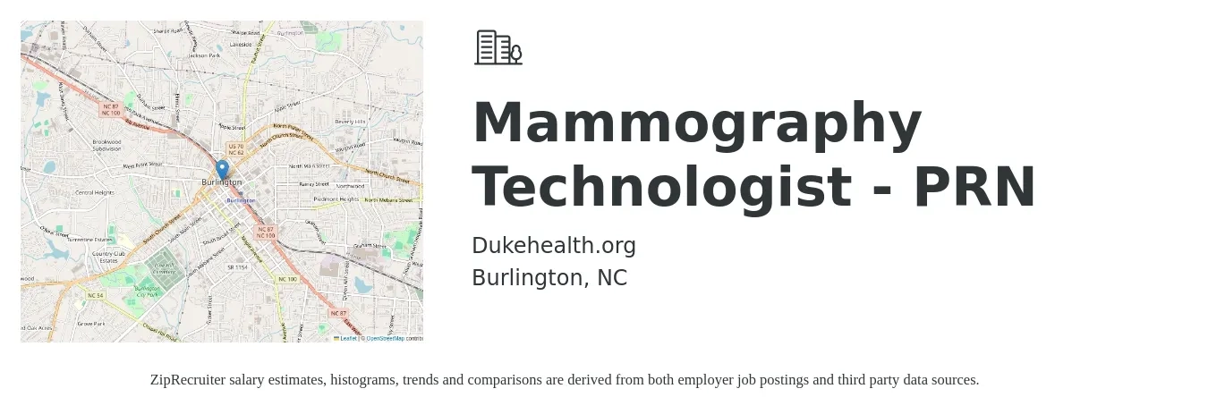Dukehealth.org job posting for a Mammography Technologist - PRN in Burlington, NC with a salary of $25 to $46 Hourly with a map of Burlington location.