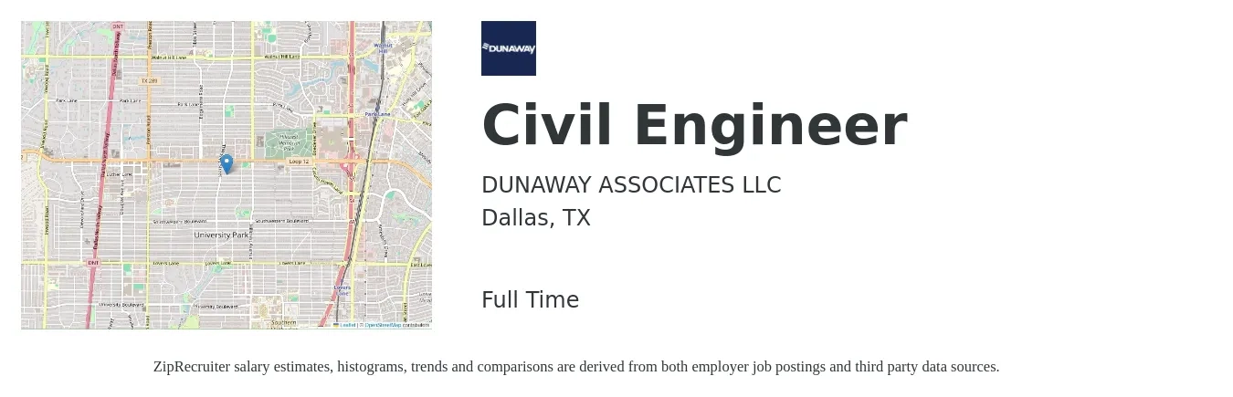 DUNAWAY ASSOCIATES LLC job posting for a Civil Engineer in Dallas, TX with a salary of $66,800 to $97,400 Yearly with a map of Dallas location.