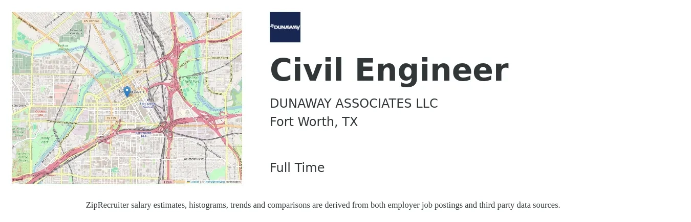 DUNAWAY ASSOCIATES LLC job posting for a Civil Engineer in Fort Worth, TX with a salary of $64,600 to $94,300 Yearly with a map of Fort Worth location.