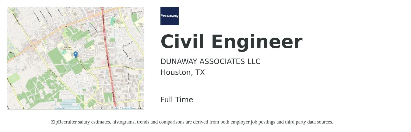 DUNAWAY ASSOCIATES LLC job posting for a Civil Engineer in Houston, TX with a salary of $65,400 to $95,400 Yearly with a map of Houston location.