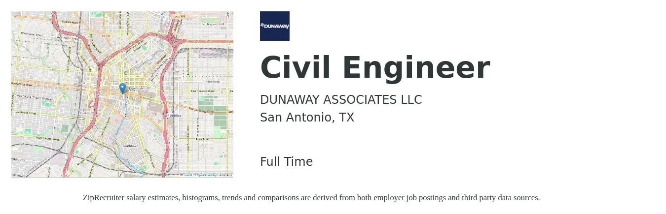 DUNAWAY ASSOCIATES LLC job posting for a Civil Engineer in San Antonio, TX with a salary of $60,900 to $88,800 Yearly with a map of San Antonio location.