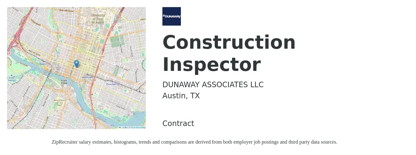 DUNAWAY ASSOCIATES LLC job posting for a Construction Inspector in Austin, TX with a salary of $49,100 to $77,300 Yearly with a map of Austin location.