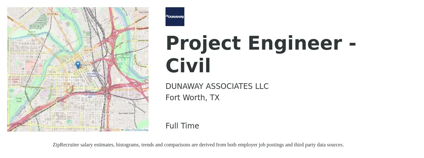 DUNAWAY ASSOCIATES LLC job posting for a Project Engineer - Civil in Fort Worth, TX with a salary of $81,400 to $108,700 Yearly with a map of Fort Worth location.