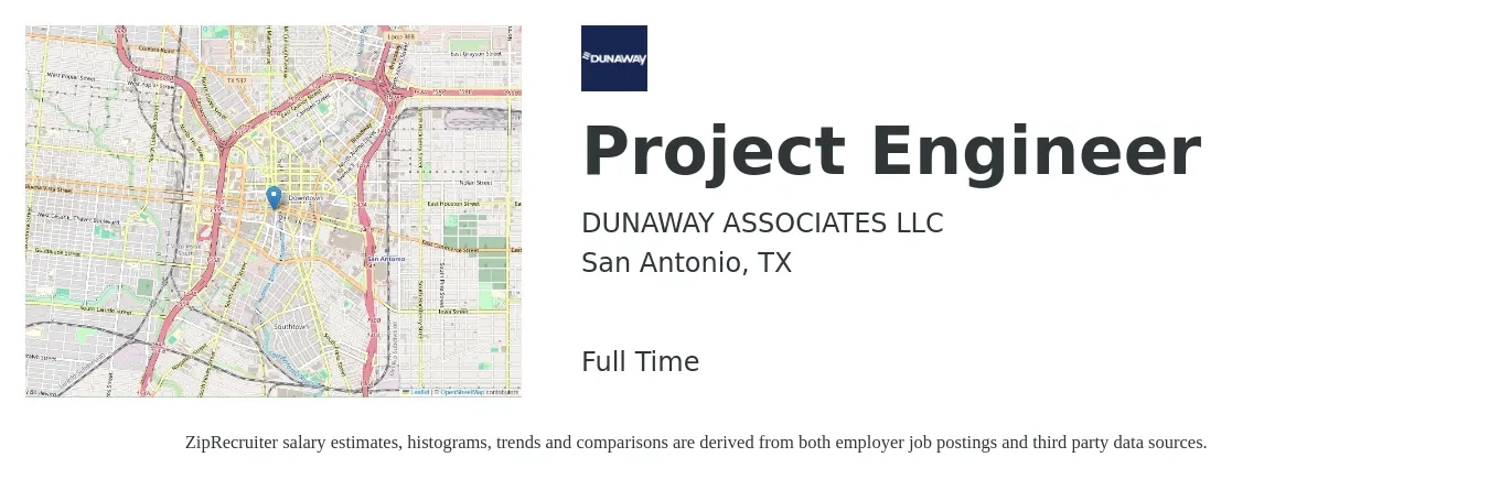 DUNAWAY ASSOCIATES LLC job posting for a Project Engineer in San Antonio, TX with a salary of $66,700 to $93,400 Yearly with a map of San Antonio location.