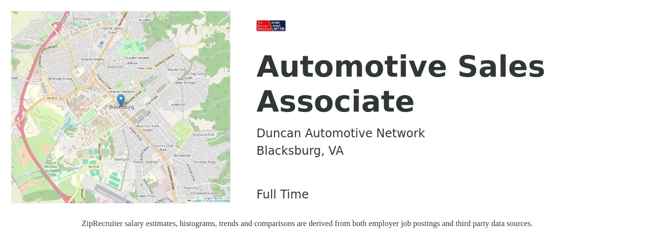 Duncan Automotive Network job posting for a Automotive Sales Associate in Blacksburg, VA with a salary of $14 to $23 Hourly with a map of Blacksburg location.
