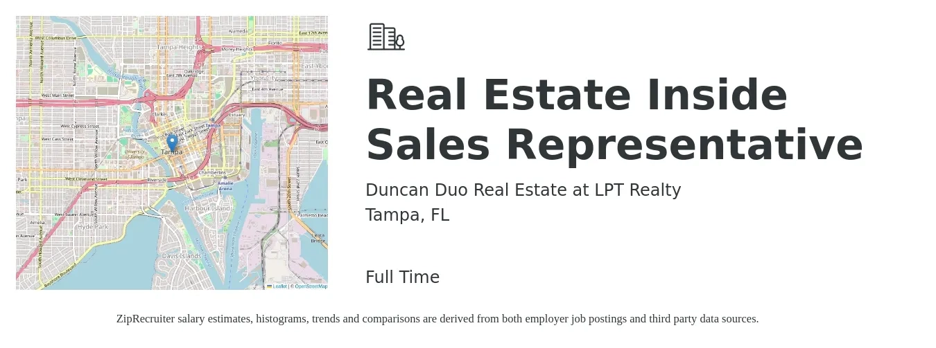 Duncan Duo Real Estate at LPT Realty job posting for a Real Estate Inside Sales Representative in Tampa, FL with a salary of $37,300 to $55,800 Yearly with a map of Tampa location.