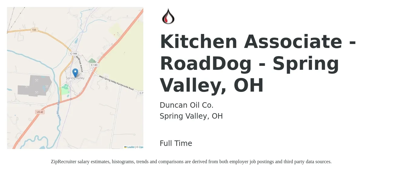 Duncan Oil Co. job posting for a Kitchen Associate - RoadDog - Spring Valley, OH in Spring Valley, OH with a salary of $14 to $19 Hourly with a map of Spring Valley location.