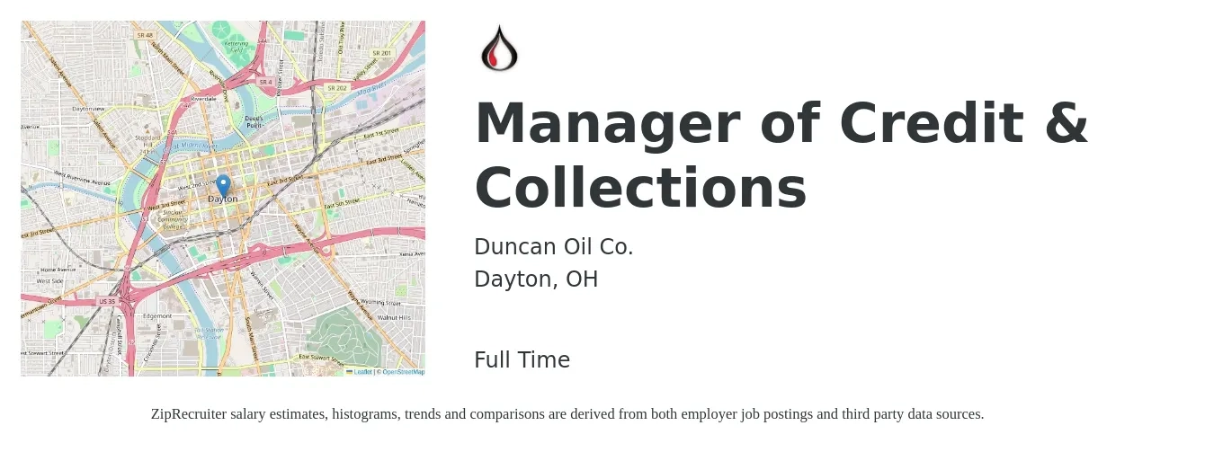Duncan Oil Co. job posting for a Manager of Credit & Collections in Dayton, OH with a salary of $66,100 to $93,200 Yearly with a map of Dayton location.