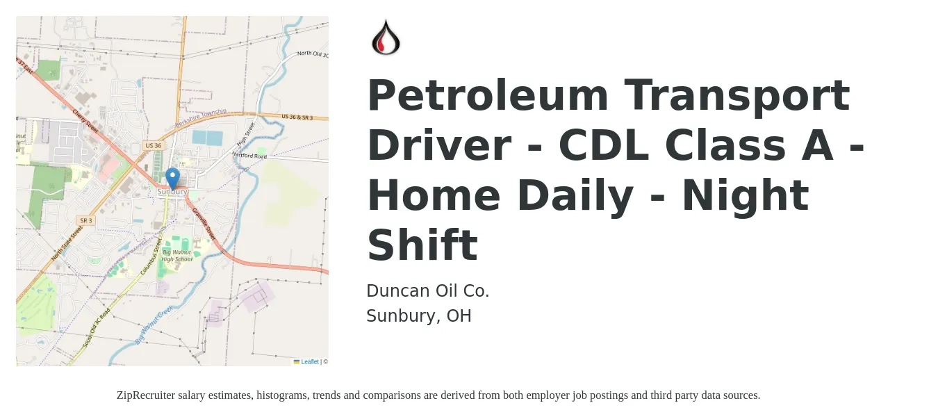Duncan Oil Co. job posting for a Petroleum Transport Driver - CDL Class A - Home Daily - Night Shift in Sunbury, OH with a salary of $23 to $40 Hourly with a map of Sunbury location.