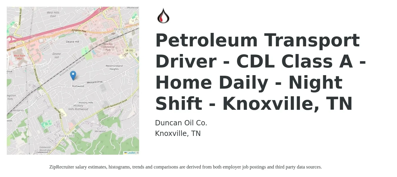 Duncan Oil Co. job posting for a Petroleum Transport Driver - CDL Class A - Home Daily - Night Shift - Knoxville, TN in Knoxville, TN with a salary of $24 to $41 Hourly with a map of Knoxville location.