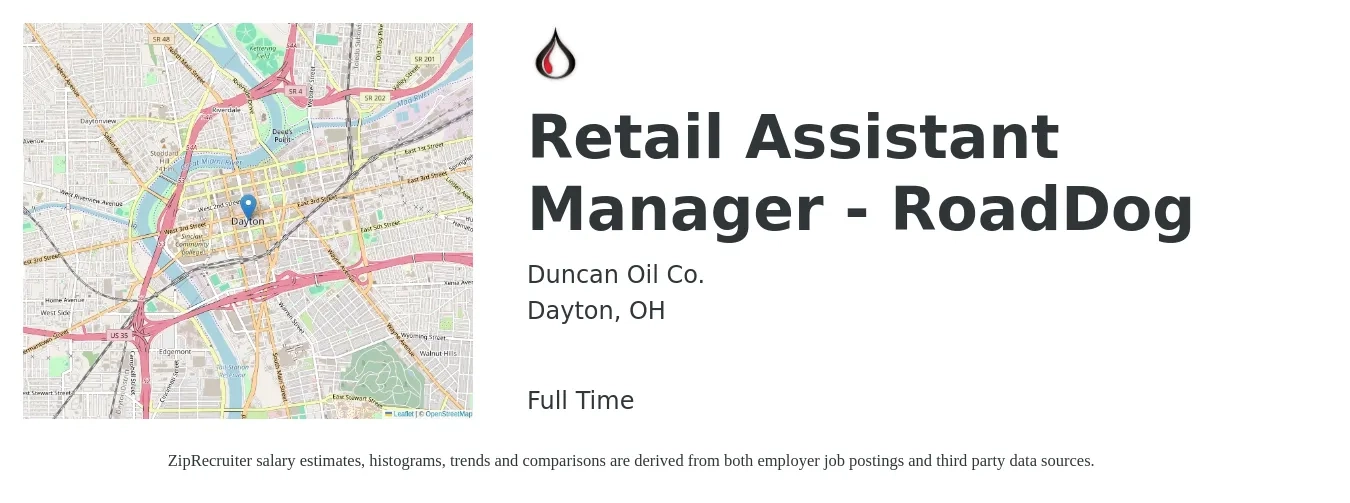 Duncan Oil Co. job posting for a Retail Assistant Manager - RoadDog in Dayton, OH with a salary of $16 to $22 Hourly with a map of Dayton location.