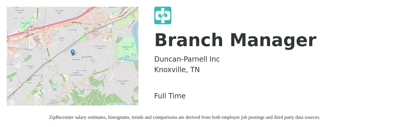 Duncan-Parnell Inc job posting for a Branch Manager in Knoxville, TN with a salary of $49,900 to $75,200 Yearly with a map of Knoxville location.