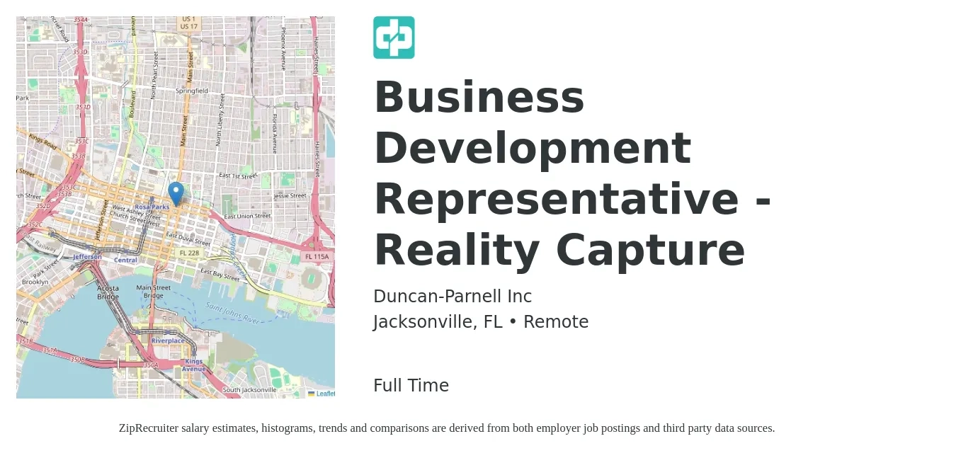 Duncan-Parnell Inc job posting for a Business Development Representative - Reality Capture in Jacksonville, FL with a salary of $41,600 to $64,600 Yearly with a map of Jacksonville location.
