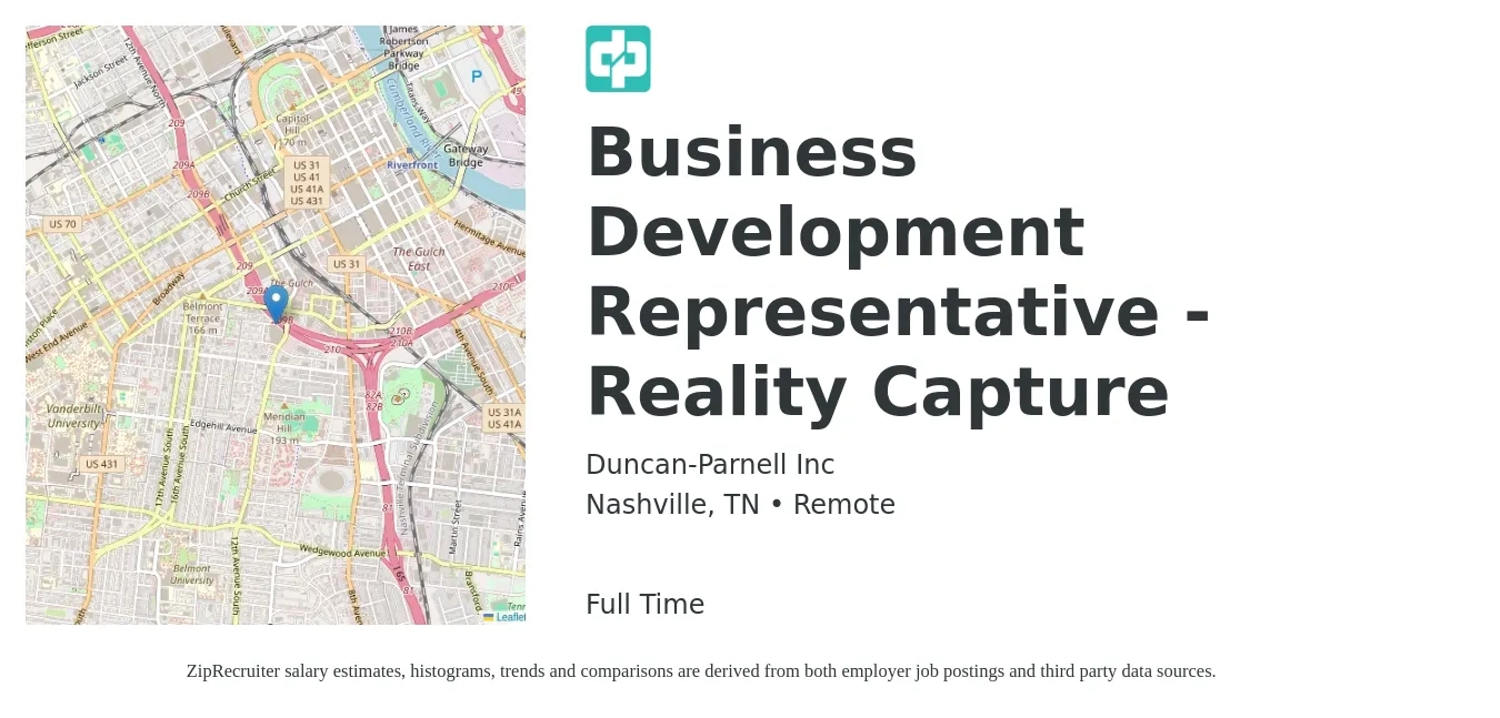 Duncan-Parnell Inc job posting for a Business Development Representative - Reality Capture in Nashville, TN with a salary of $43,400 to $67,600 Yearly with a map of Nashville location.