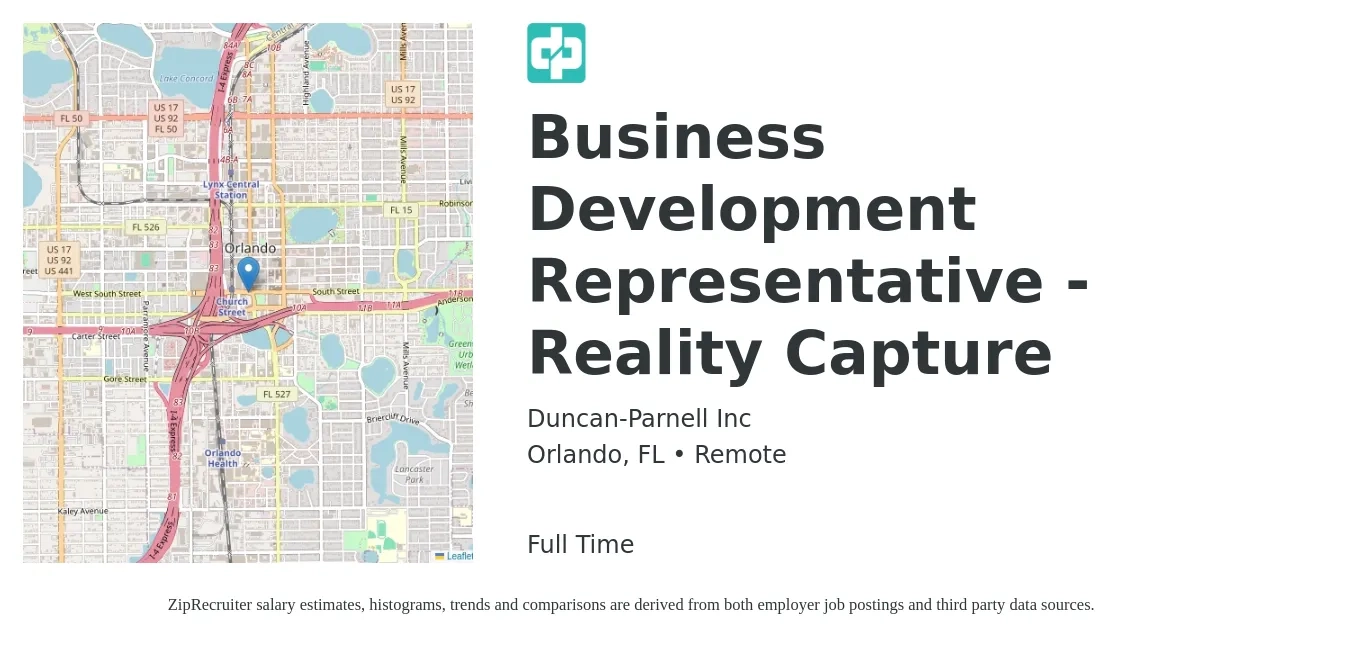 Duncan-Parnell Inc job posting for a Business Development Representative - Reality Capture in Orlando, FL with a salary of $42,000 to $65,400 Yearly with a map of Orlando location.