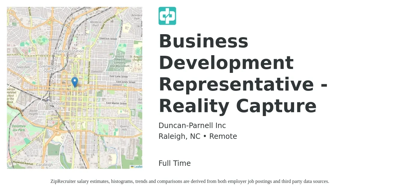 Duncan-Parnell Inc job posting for a Business Development Representative - Reality Capture in Raleigh, NC with a salary of $43,700 to $68,000 Yearly with a map of Raleigh location.