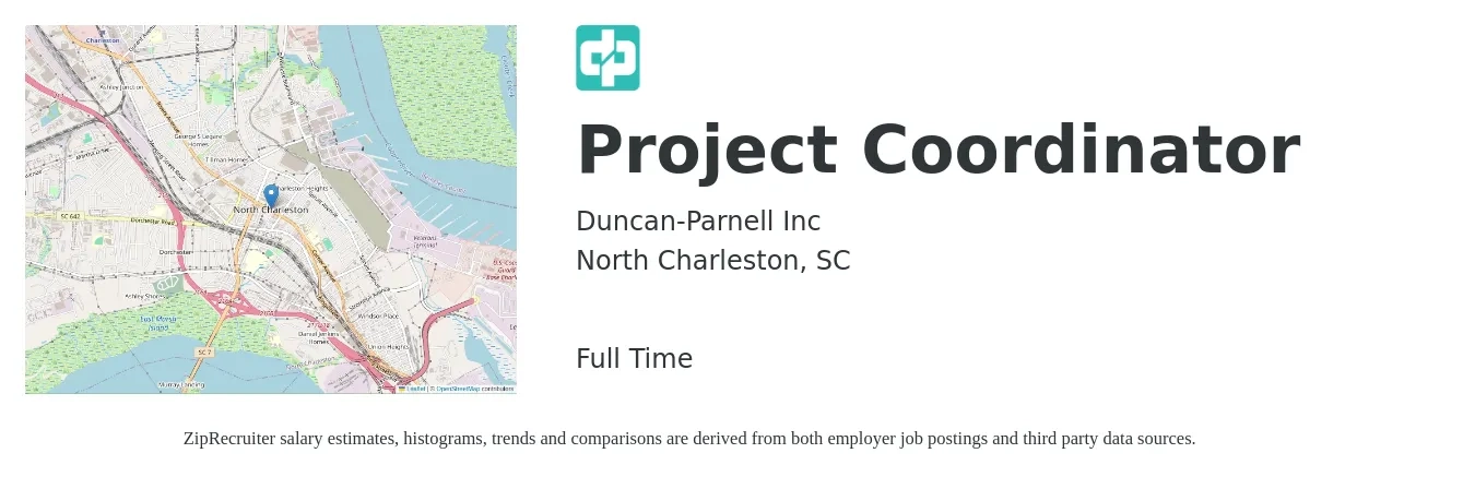 Duncan-Parnell Inc job posting for a Project Coordinator in North Charleston, SC with a salary of $22 to $33 Hourly with a map of North Charleston location.
