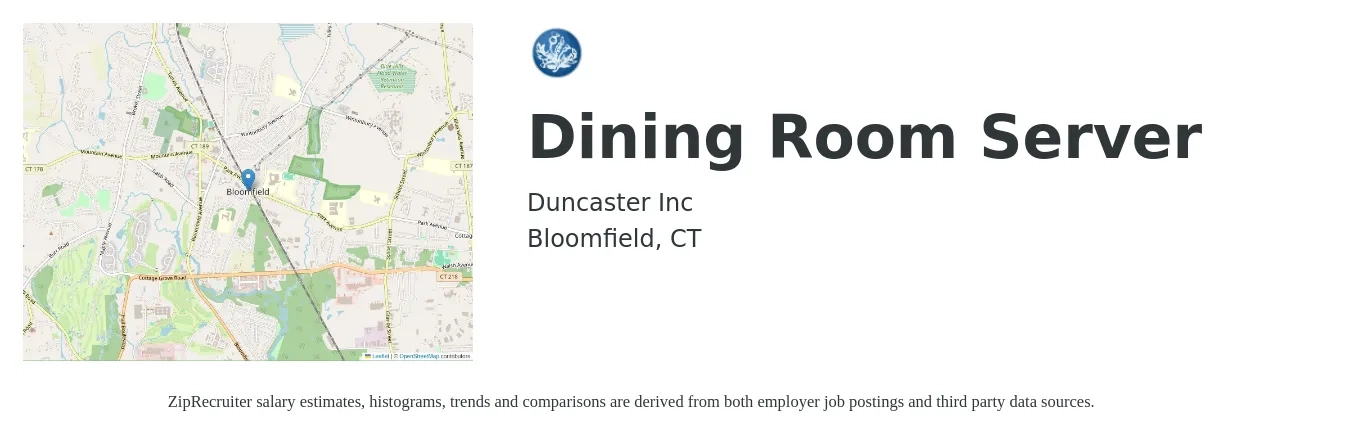 Duncaster Inc job posting for a Dining Room Server in Bloomfield, CT with a salary of $13 to $17 Hourly with a map of Bloomfield location.
